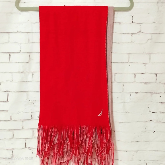 Nautica Performance Unisex OS Scarf Rectangle Red Beige Tassel Reversible - Picture 1 of 11